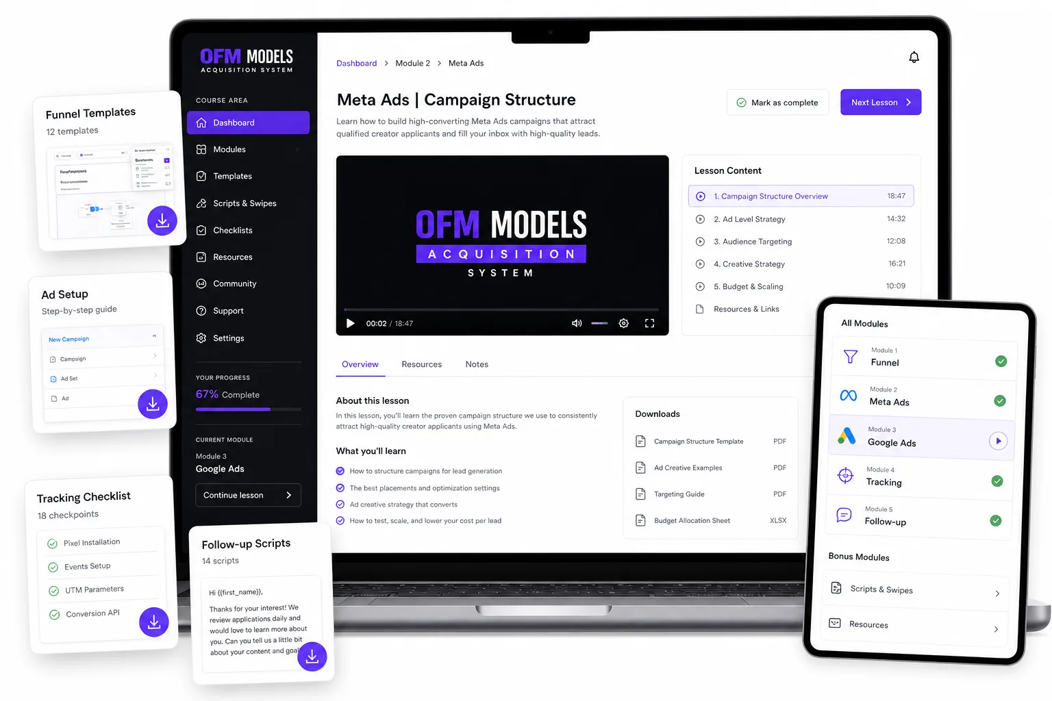 Course platform screenshot showing the OFM Models Acquisition System introduction lesson.