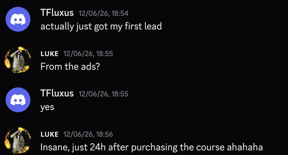 Discord testimonial screenshot showing a student-reported first lead from ads.